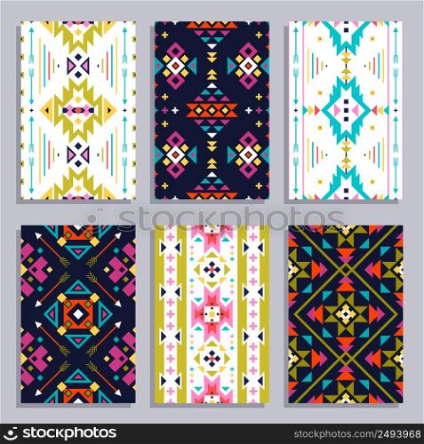 Ethnic geometric vertical banner set with seamless tribal patterns isolated vector illustration. Ethnic Geometric Banner Set