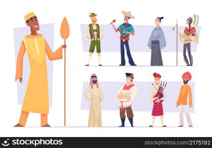 Ethnic groups. Funny people in different nationalities in ethnic clothes exact vector illustrations. People group, portrait cartoon man. Ethnic groups. Funny people in different nationalities in ethnic clothes exact vector illustrations