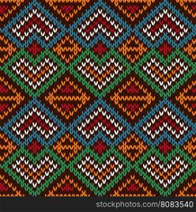 Ethnic knitting ornamental seamless vector pattern with perpendicular lines as a knitted fabric texture in blue, white, red, orange and green colors