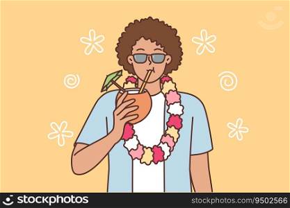 Ethnic man tourist from island of Hawaii drinks coconut cocktail from straw and invites to beach party. African American guy in sunglasses calls for summer vacation or weekend in Hawaii. Ethnic man tourist from island of Hawaii drinks coconut cocktail and invites to beach party