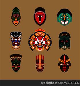 Ethnic mask icons or inca flat masks. Tribal ethnic masks vector illustration. Ethnic mask icons