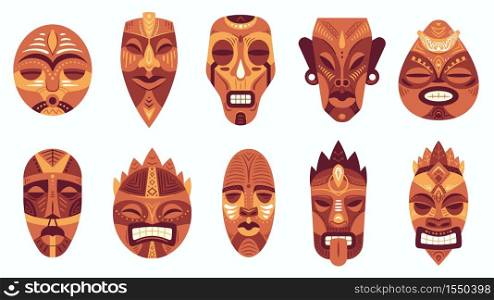 Ethnic masks. Traditional ritual, ceremonial african, hawaiian or aztec mask with ethnic carnival ornaments, antique culture vector set. Tribal mask of different shape with painted face. Ethnic masks. Traditional ritual, ceremonial african, hawaiian or aztec mask with ethnic carnival ornaments, antique culture vector set