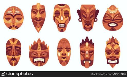 Ethnic masks. Traditional ritual, ceremonial african, hawaiian or aztec mask with ethnic carnival ornaments, antique culture vector set. Tribal mask of different shape with painted face. Ethnic masks. Traditional ritual, ceremonial african, hawaiian or aztec mask with ethnic carnival ornaments, antique culture vector set