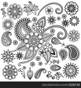 Ethnic Mehndi Tattoo Doodle Henna Paisley Flowers Vector Elements. Ethnic Mehndi Flowers Elements