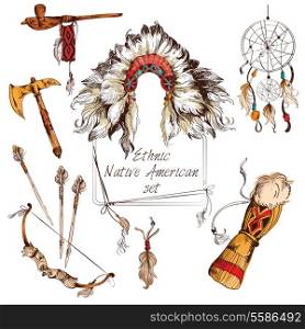 Ethnic native american indian tribal chief sketch colored decorative elements set isolated vector illustration