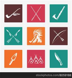 Ethnic native american indians icons. Ethnic icons with hand drawn arrows knife bow pike and native american indian. Vector illustration