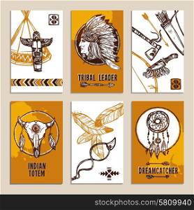 Ethnic paper cards set with sketch tribal and indian elements isolated vector illustration. Ethnic Cards Set
