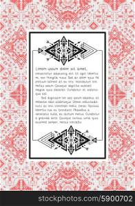 Ethnic pattern with quote blank template on it. Ukrainian folk art. Traditional embroidery pattern. Abstract vector texture. Paper sheet, print design.