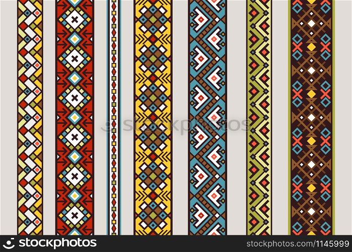 Ethnic ribbon patterns. Vector mexican or tibetan seamless ribbon pattern set with carpet design isolated on white background. Ethnic ribbon patterns set