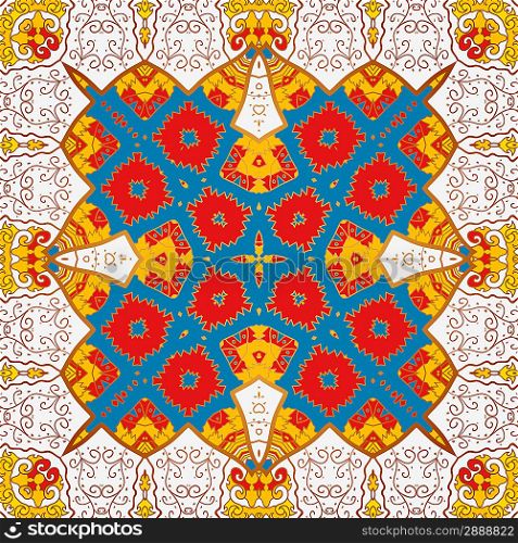 ethnic seamless pattern. Indian ornament, kaleidoscopic flora pattern, mandala in yellow color. African abstract seamless pattern