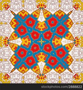 ethnic seamless pattern. Indian ornament, kaleidoscopic flora pattern, mandala in yellow color. African abstract seamless pattern