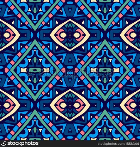Ethnic seamless pattern. Vector tribal background. Aztec and indian style, vintage print.. Blue seamless pattern tiles in doodle handdrawn zenart style