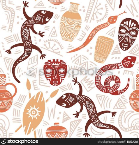 Ethnic seamless pattern with African motifs. Vector illustration. Perfect for textile print, wallpaper, cloth design, tissue, wrapping paper and fabric design.. Ethnic seamless pattern