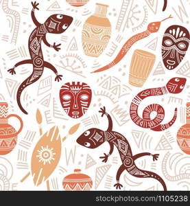 Ethnic seamless pattern with African motifs. Vector illustration. Perfect for textile print, wallpaper, cloth design, tissue, wrapping paper and fabric design.. Ethnic seamless pattern