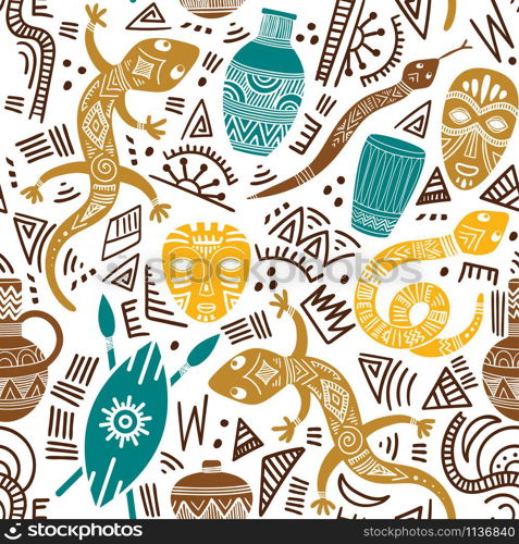 Ethnic seamless pattern with African motifs. Vector illustration. Perfect for textile print, wallpaper, cloth design, tissue, wrapping paper and fabric design.. Ethnic seamless pattern