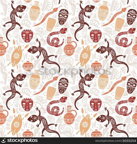 Ethnic seamless pattern with African motifs. Vector illustration. Perfect for textile print, wallpaper, cloth design, tissue, wrapping paper and fabric design.. Ethnic seamless pattern