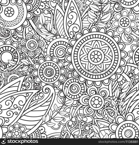 Ethnic seamless pattern with mandalas, flowers and leaves. Doodles floral black and white ornament. Perfect for wallpaper, adult coloring books, web page background, surface textures.. Ethnic seamless pattern