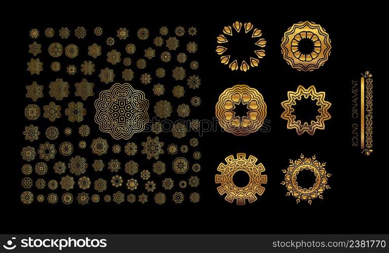 Ethnic vintage pattern design for your invitations. Gold mandala on black background.