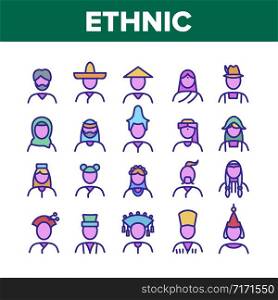 Ethnic World People Collection Icons Set Vector. Chinese And Indian, Cossack And Kazakh, Indian And Japanese, Georgian And Arab Ethnic Human Concept Linear Pictograms. Color Contour Illustrations. Ethnic World People Collection Icons Set Vector