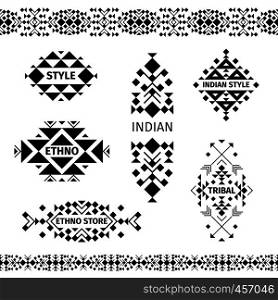Ethno shop labels or tribal store black emblems on white background. Vector set. Tribal shop labels set