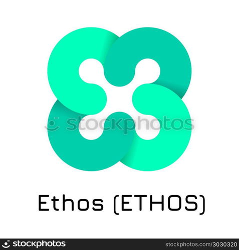 Ethos (ETHOS). Vector illustration crypto coin ic. Vector illustration crypto coin icon on isolated white background Ethos (ETHOS). Name of the crypto currency and the short trade name on the exchange. Digital currency