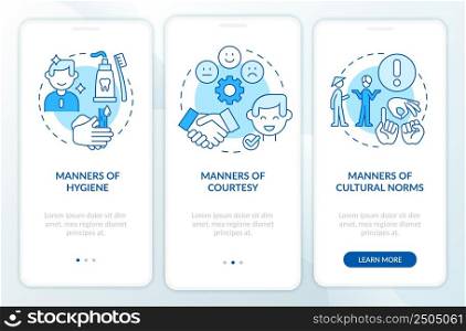 Etiquette categories blue onboarding mobile app screen. Set of rules walkthrough 3 steps graphic instructions pages with linear concepts. UI, UX, GUI template. Myriad Pro-Bold, Regular fonts used. Etiquette categories blue onboarding mobile app screen