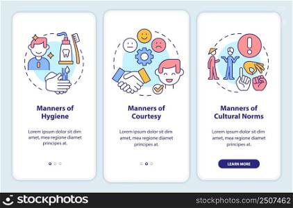 Etiquette categories onboarding mobile app screen. Set of rules walkthrough 3 steps graphic instructions pages with linear concepts. UI, UX, GUI template. Myriad Pro-Bold, Regular fonts used. Etiquette categories onboarding mobile app screen