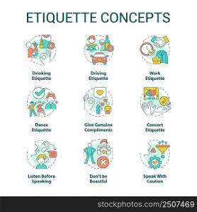 Etiquette concept icons set. Set of rules and norms. Ethical behavior. Politeness idea thin line color illustrations. Isolated symbols. Editable stroke. Roboto-Medium, Myriad Pro-Bold fonts used. Etiquette concept icons set