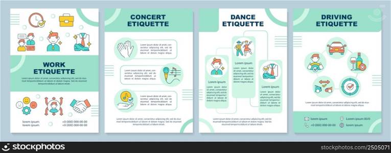 Etiquette types brochure template. Ethical code. Rules and norms. Leaflet design with linear icons. 4 vector layouts for presentation, annual reports. Arial-Black, Myriad Pro-Regular fonts used. Etiquette types brochure template