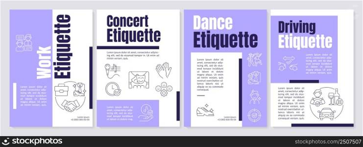 Etiquette types purple brochure template. Ethical code. Rules and norms. Leaflet design with linear icons. 4 vector layouts for presentation, annual reports. Anton, Lato-Regular fonts used. Etiquette types purple brochure template