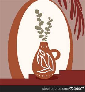 Eucalyptus branches in a dark bottle vase standing at bedside table opposite the mirror. White background. Vector illustration.. Eucalyptus branches in a dark bottle vase standing at bedside table opposite the mirror. White background. Vector illustration