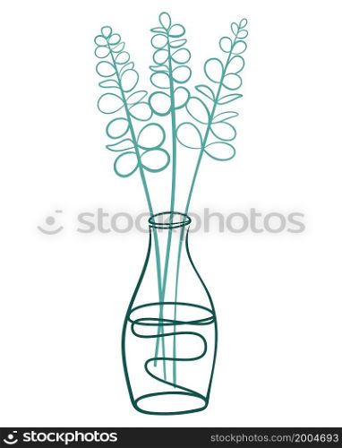 Eucalyptus branches in a vase line art, vector illustration. Leafy botanical room decor. Natural decoration, eucalyptus twigs hand drawing, isolated object.. Eucalyptus branches in a vase line art, vector illustration.