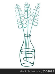 Eucalyptus branches in a vase line art, vector illustration. Leafy botanical room decor. Natural decoration, eucalyptus twigs hand drawing, isolated object.. Eucalyptus branches in a vase line art, vector illustration.