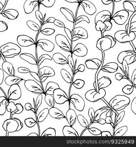 Eucalyptus leaves seamless pattern for surface design, for textile paper or wallpaper, vector background with vertical eucalyptus twigs.. Eucalyptus leaves black and white seamless pattern for surface design, for textile paper or wallpaper, vector background