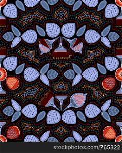 Eucalyptus seamless pattern. Stylized drawing of a plant of Australia. Point Art. Australian Aboriginal art. Limited color palette. Eucalyptus seamless pattern. Point Art. Australian Aboriginal art. Limited color palette