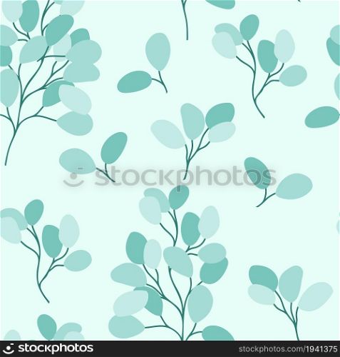 Eucalyptus twigs and leaves seamless pattern. Botanical background with deciduous plants. Delicate natural template for wallpaper, packaging and fabrics.. Eucalyptus twigs and leaves seamless pattern.