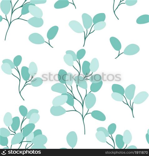 Eucalyptus twigs seamless pattern vector illustration. Background with graceful rounded green leaves. Trendy botanical template for wallpaper, packaging and fabric.. Eucalyptus twigs seamless pattern vector illustration.