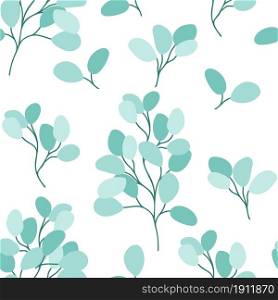 Eucalyptus twigs seamless pattern vector illustration. Background with graceful rounded green leaves. Trendy botanical template for wallpaper, packaging and fabric.. Eucalyptus twigs seamless pattern vector illustration.