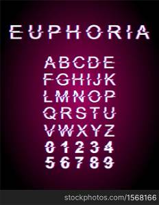 Euphoria glitch font template. Retro futuristic style vector alphabet set on violet background. Capital letters, numbers and symbols. Happiness feeling typeface design with distortion effect