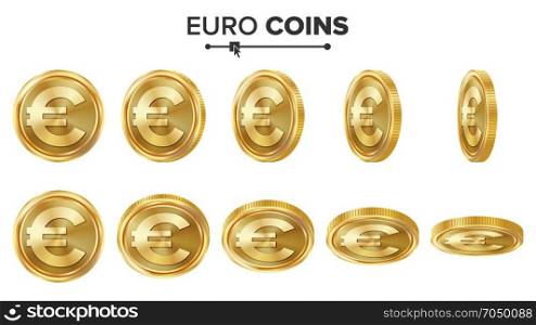 Euro 3D Gold Coins Vector Set. Realistic Illustration. Flip Different Angles. Money Front Side. Investment Concept. Finance Coin Icons, Sign, Success Banking Cash Symbol. Currency Isolated On White. Euro 3D Gold Coins Vector Set. Realistic Illustration. Flip Different Angles. Money Front Side. Investment Concept. Finance Coin Icons, Sign, Success Banking Cash Symbol. Currency Isolated