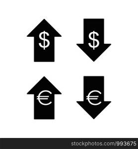 Euro and dollar icons. Up and down. Vector icons. Euro and dollar icons. Up and down