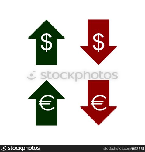 Euro and dollar icons. Up and down. Vector icons. Euro and dollar icons. Up and down