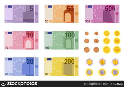 Euro banknotes. European banks financing, paper euro and dollar money and coins of different denominations, business banking vector finance element. Euro banknotes. European banks financing, paper euro and dollar money and coins of different denominations, business banking vector element