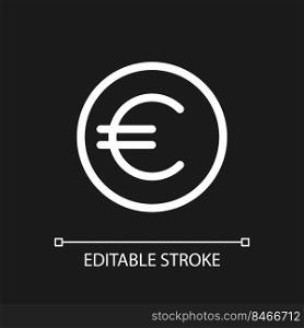 Euro coin pixel perfect white linear ui icon for dark theme. Golden euro cent. Finance. Vector line pictogram. Isolated user interface symbol for night mode. Editable stroke. Arial font used. Euro coin pixel perfect white linear ui icon for dark theme