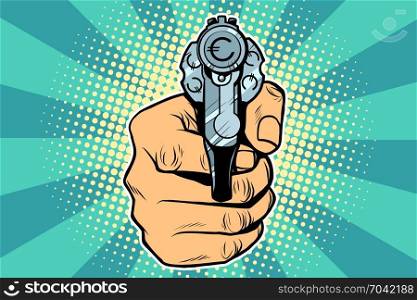 Euro currency money Finance revolver in hand. Pop art retro vector illustration. Euro currency money Finance revolver in hand