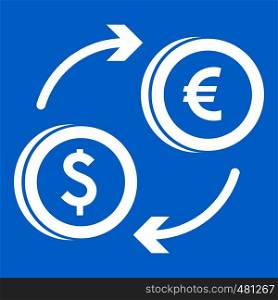 Euro dollar euro exchange icon white isolated on blue background vector illustration. Euro dollar euro exchange icon white