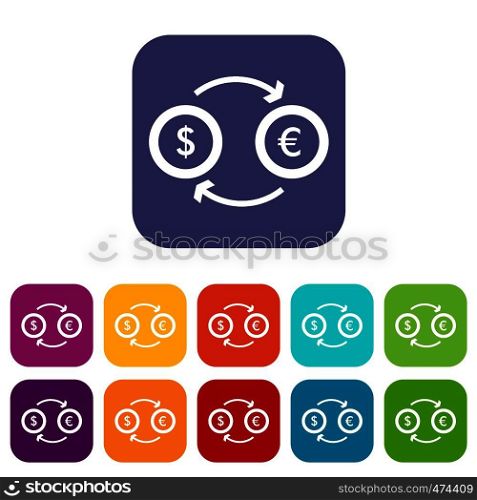 Euro dollar euro exchange icons set vector illustration in flat style In colors red, blue, green and other. Euro dollar euro exchange icons set