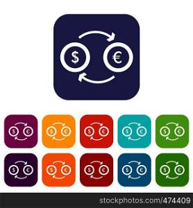 Euro dollar euro exchange icons set vector illustration in flat style In colors red, blue, green and other. Euro dollar euro exchange icons set