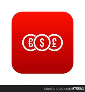 Euro, dollar, pound coin icon digital red for any design isolated on white vector illustration. Euro, dollar, pound coin icon digital red