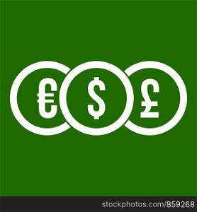 Euro, dollar, pound coin icon white isolated on green background. Vector illustration. Euro, dollar, pound coin icon green